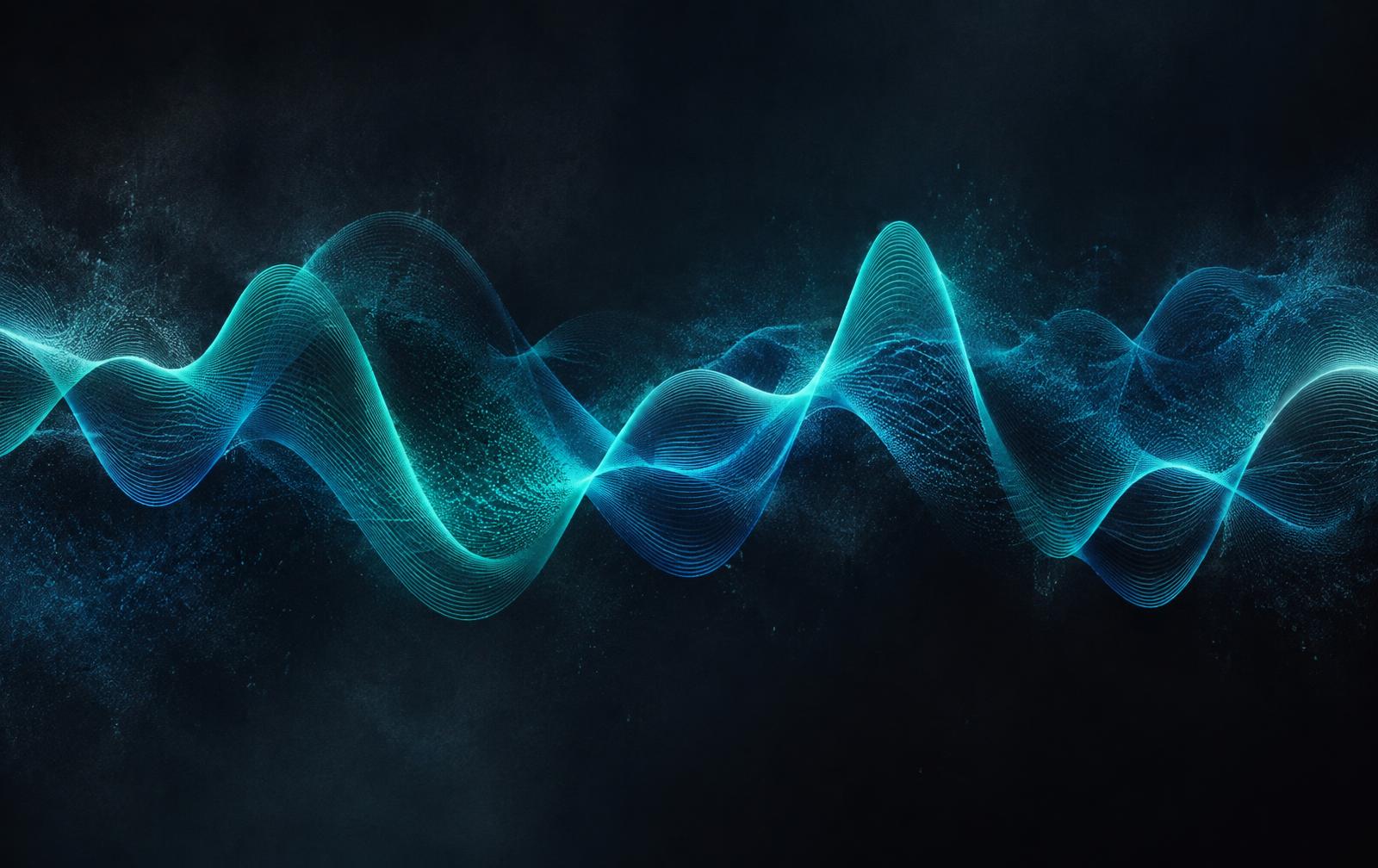 Glowing teal sound waves on a dark studio background